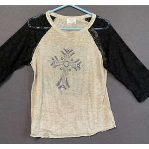 L&B Life Shirt Womens Medium‎ Beige Black Lace Cross Embellished Raglan Top